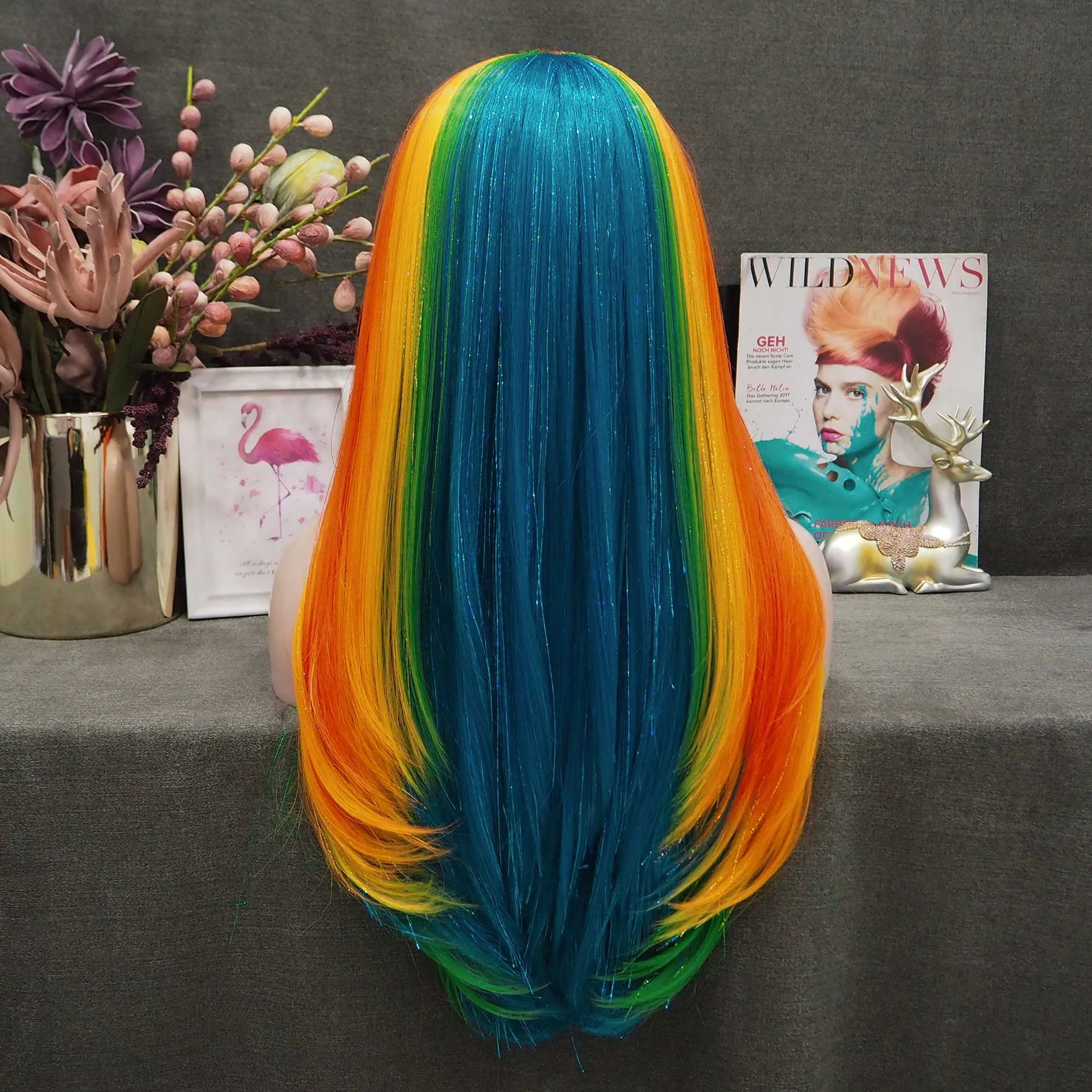 Pride - Rainbow Color With Gold Tinsel Long Straight Synthetic Lace Front Wig
