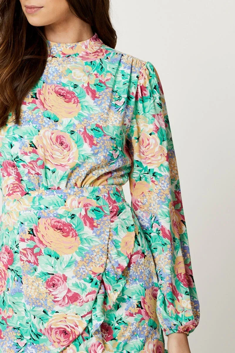 Print High Neck Wrap Skirt Dress
