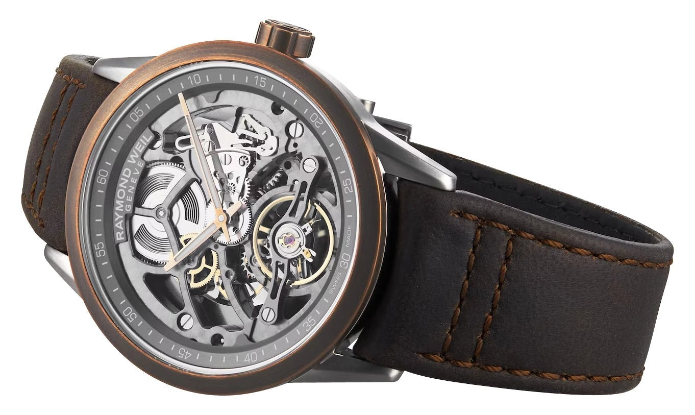 Raymond Weil Freelancer Automatic Stainless Steel and Bronze Gray Skeleton Dial Brown Leather Strap Mens Watch 2785-SBC-60000