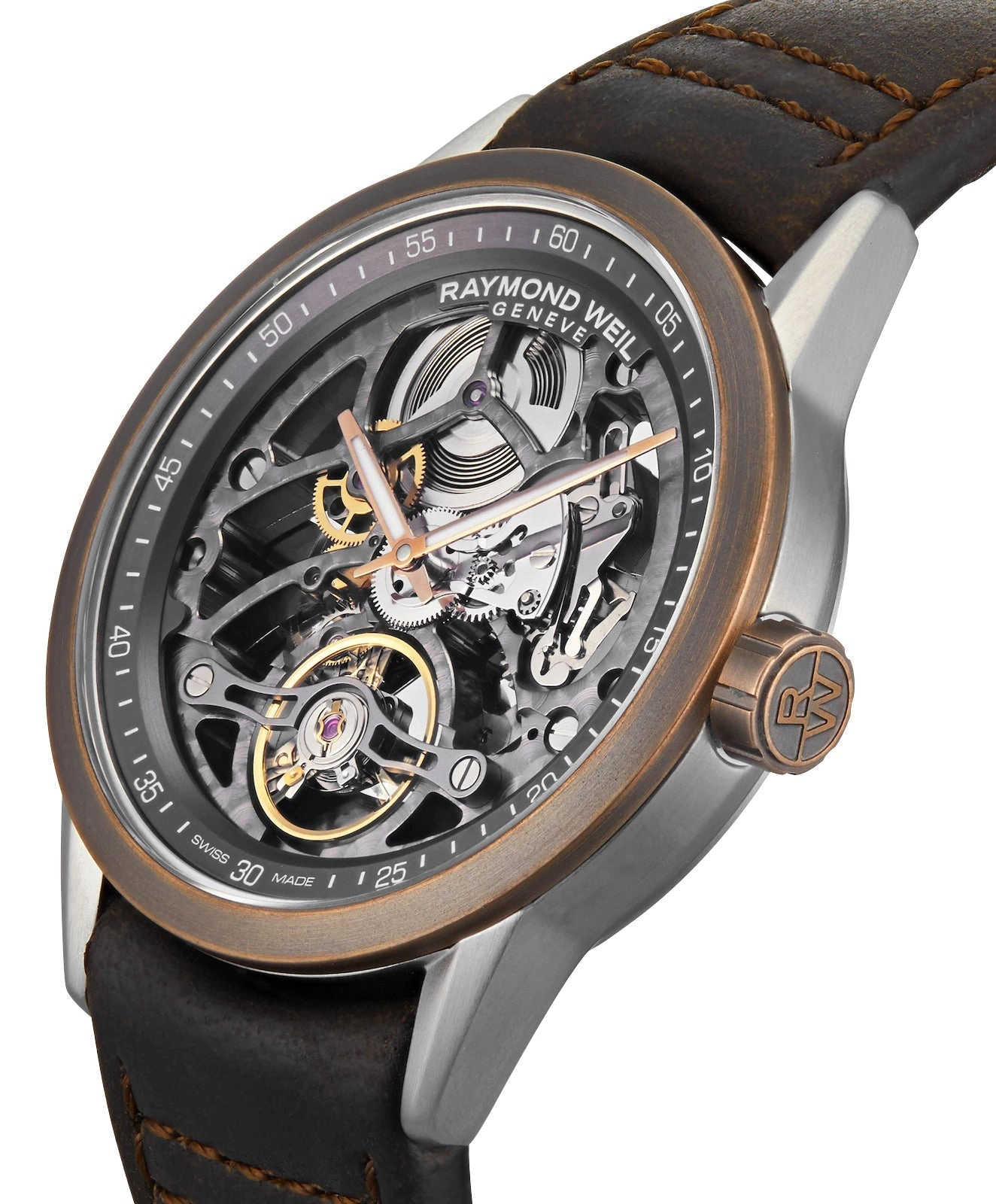 Raymond Weil Freelancer Automatic Stainless Steel and Bronze Gray Skeleton Dial Brown Leather Strap Mens Watch 2785-SBC-60000