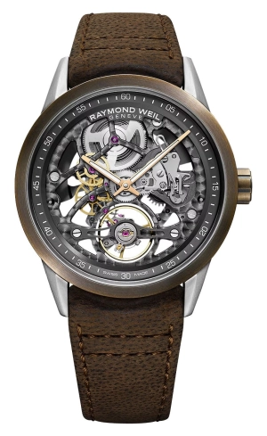 Raymond Weil Freelancer Automatic Stainless Steel and Bronze Gray Skeleton Dial Brown Leather Strap Mens Watch 2785-SBC-60000