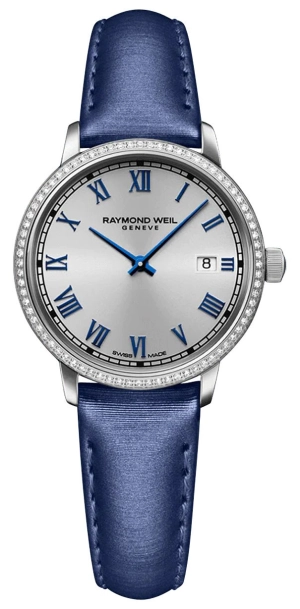 Raymond Weil Toccata Stainless Steel Silver Dial Blue Satin Strap Diamonds Date Quartz Womens Watch 5985-SCS-00653