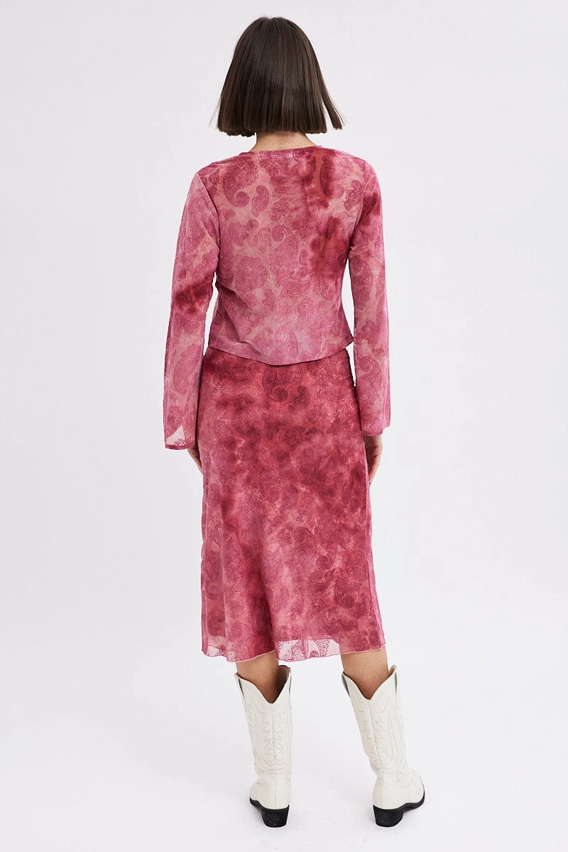 Red Paisley Midi Skirt High Rise Fit & Flare Mesh Lined