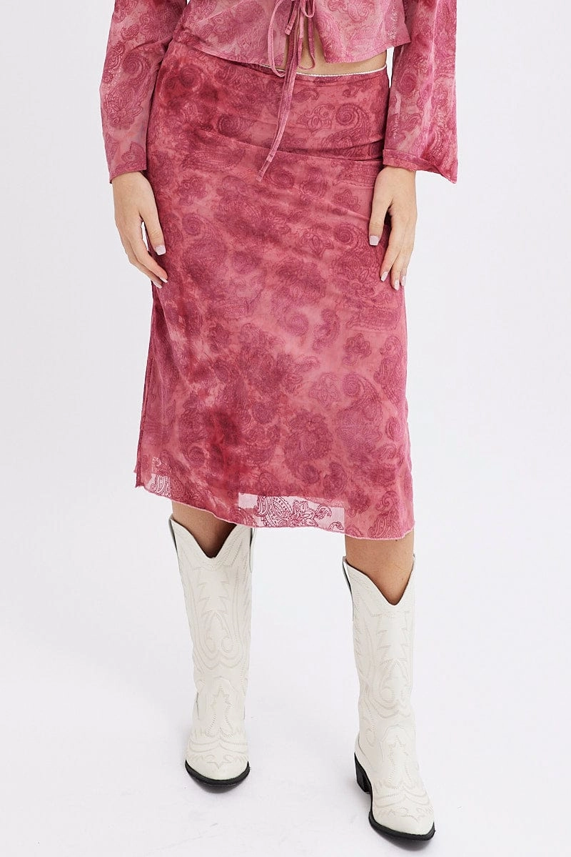 Red Paisley Midi Skirt High Rise Fit & Flare Mesh Lined