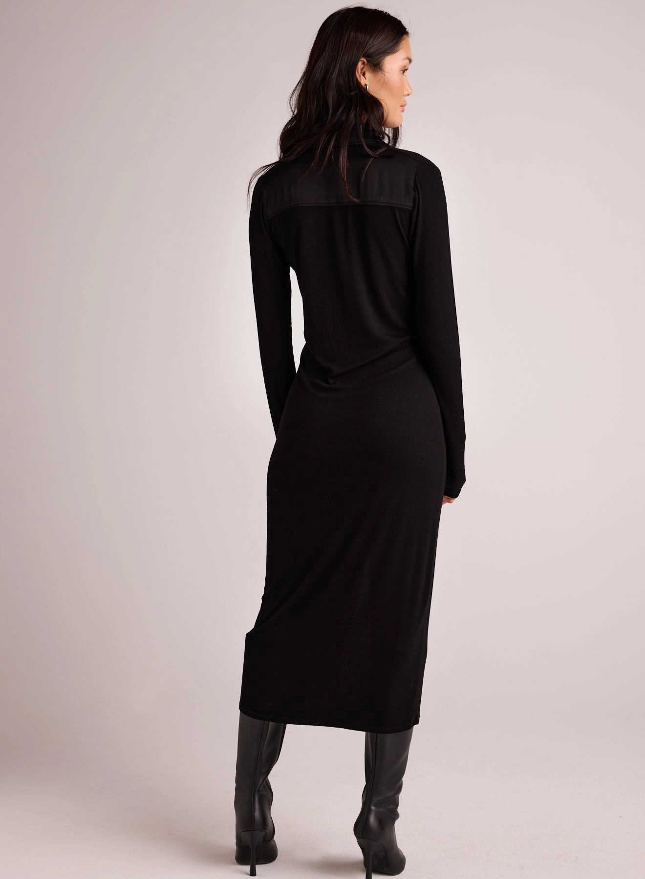 Rib Button Down Shirt Dress - Black