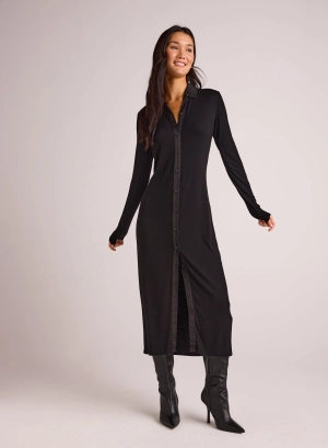 Rib Button Down Shirt Dress - Black