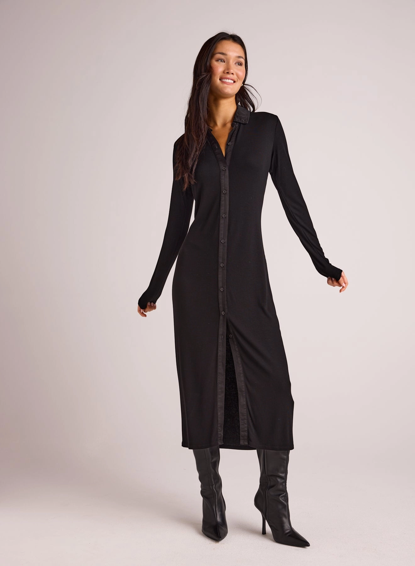 Rib Button Down Shirt Dress - Black