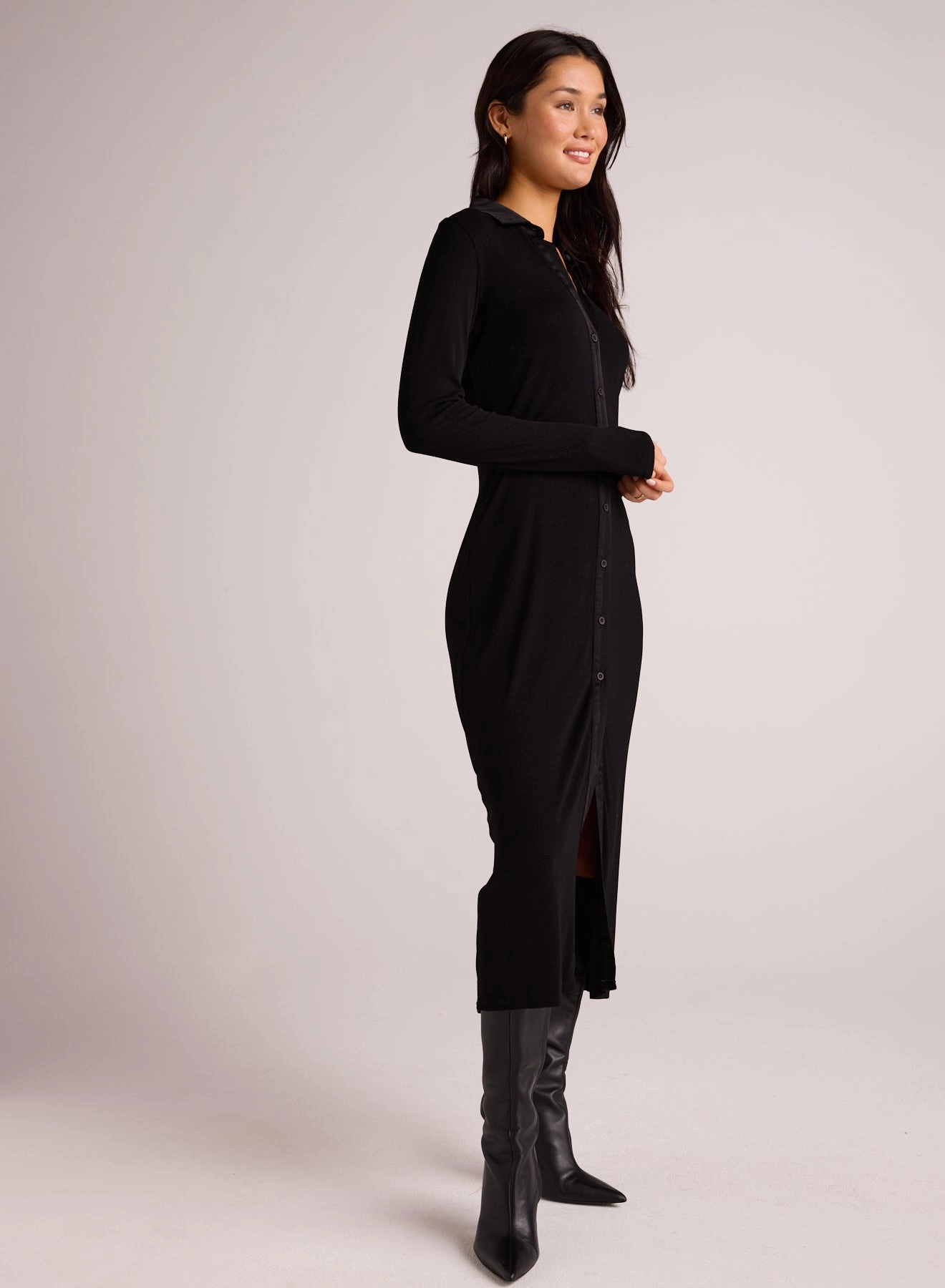 Rib Button Down Shirt Dress - Black