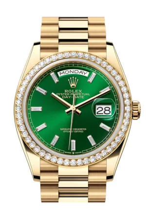 Rolex Day Date 36mm Bright Green Diamond Set Dial Diamond Bezel Yellow Gold President Bracelet 128348RBR
