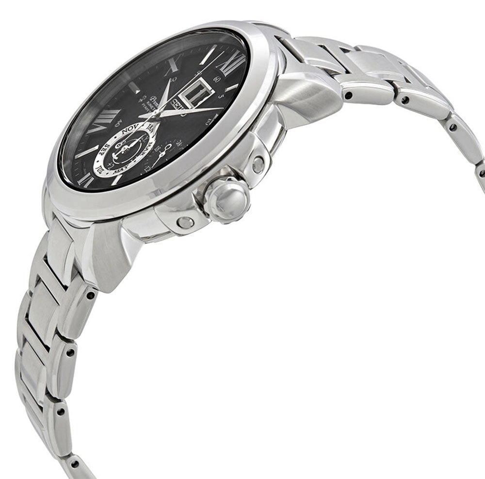 Seiko Premier Kinetic Stainless Steel Black Dial Perpetual Calendar Date Mens Watch SNP141P1