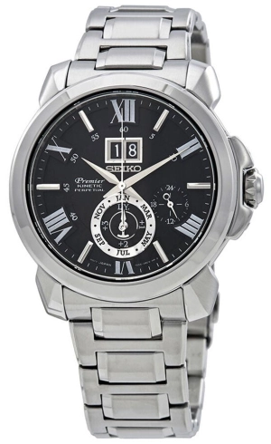 Seiko Premier Kinetic Stainless Steel Black Dial Perpetual Calendar Date Mens Watch SNP141P1