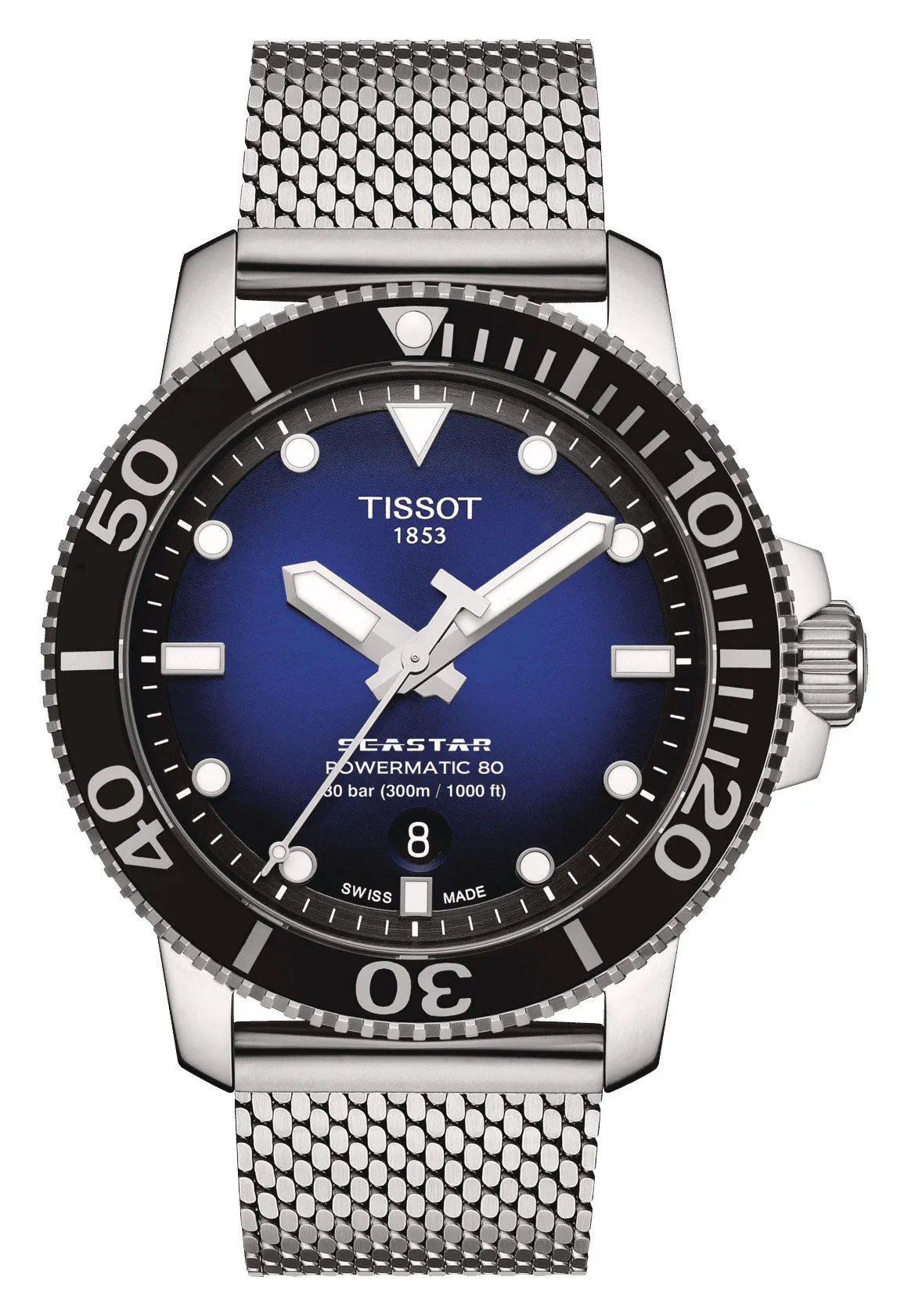 Tissot T-Sport Seastar 1000 Automatic Powermatic 80 Stainless Steel Mesh Blue Dial Date Divers Mens Watch T120.407.11.041.02