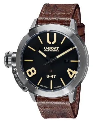 U-Boat Classico U-47 AS1 Automatic Stainless Steel Black Dial Brown Leather Strap Date Mens Watch 8105