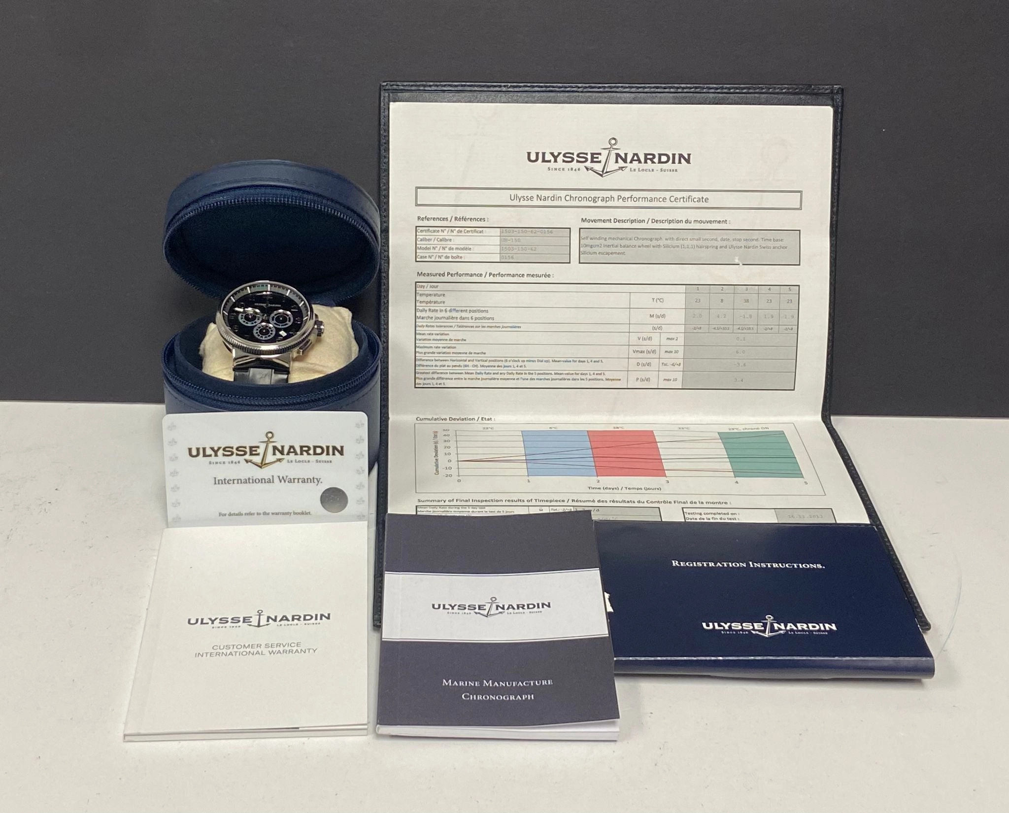 Ulysse Nardin Marine Chronograph Factory Warranty 1503-150 Black Dial Automatic Men's Watch