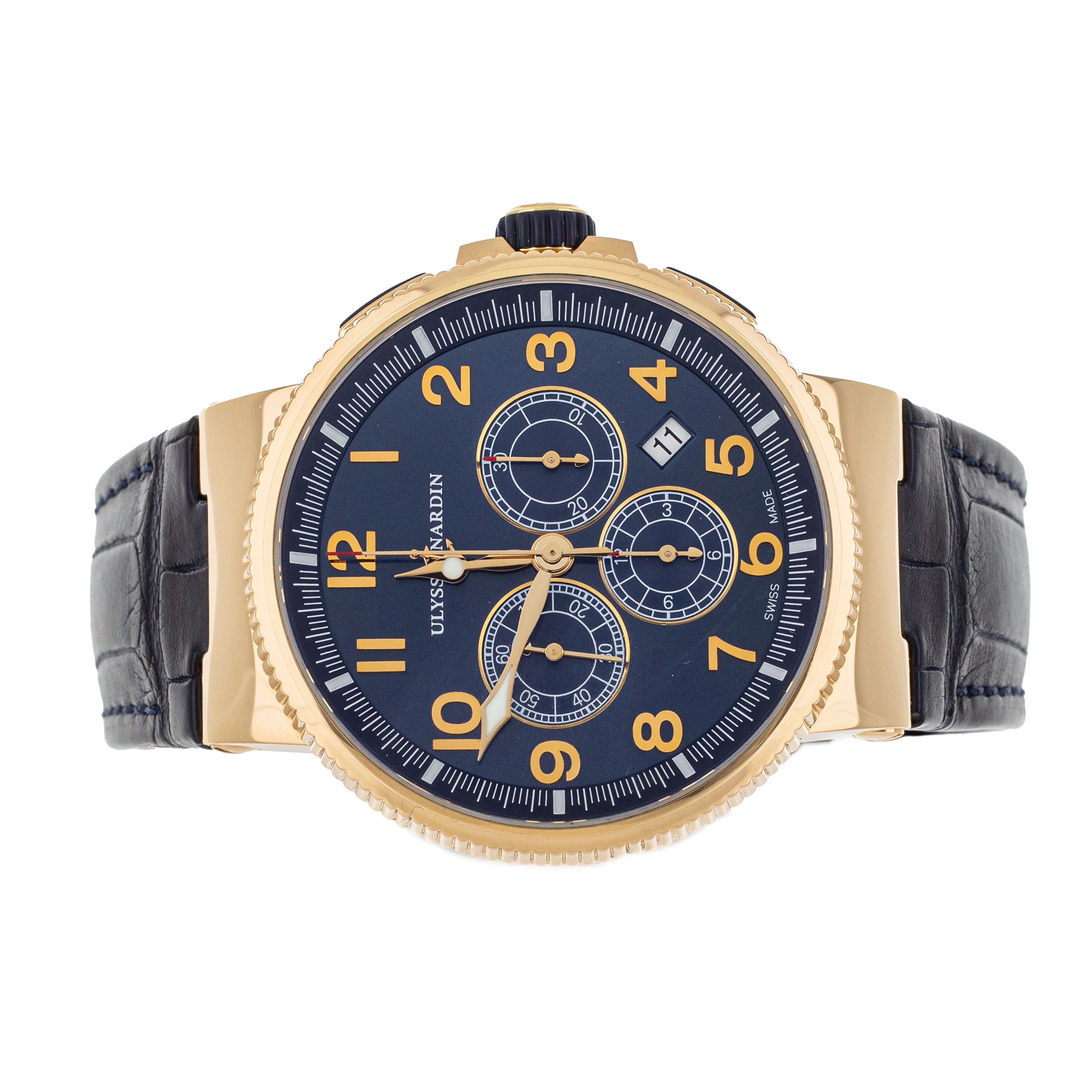 Ulysse Nardin Marine Chronograph Rose Gold Blue Dial 43mm 1506-150 Full Set
