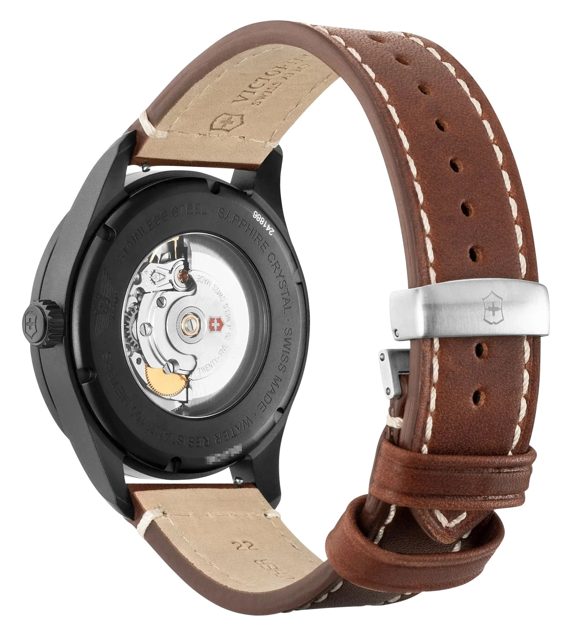 Victorinox Swiss Army Airboss Mechanical Automatic Black Stainless Steel Black Dial Brown Leather Strap Date Mens Watch 241886