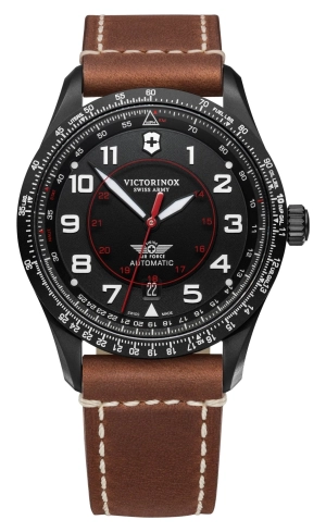 Victorinox Swiss Army Airboss Mechanical Automatic Black Stainless Steel Black Dial Brown Leather Strap Date Mens Watch 241886