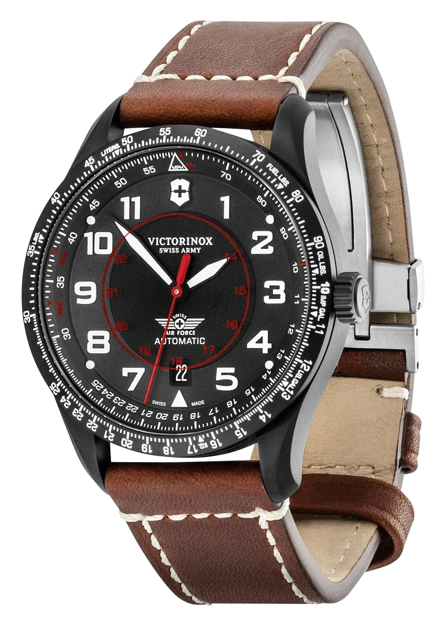 Victorinox Swiss Army Airboss Mechanical Automatic Black Stainless Steel Black Dial Brown Leather Strap Date Mens Watch 241886