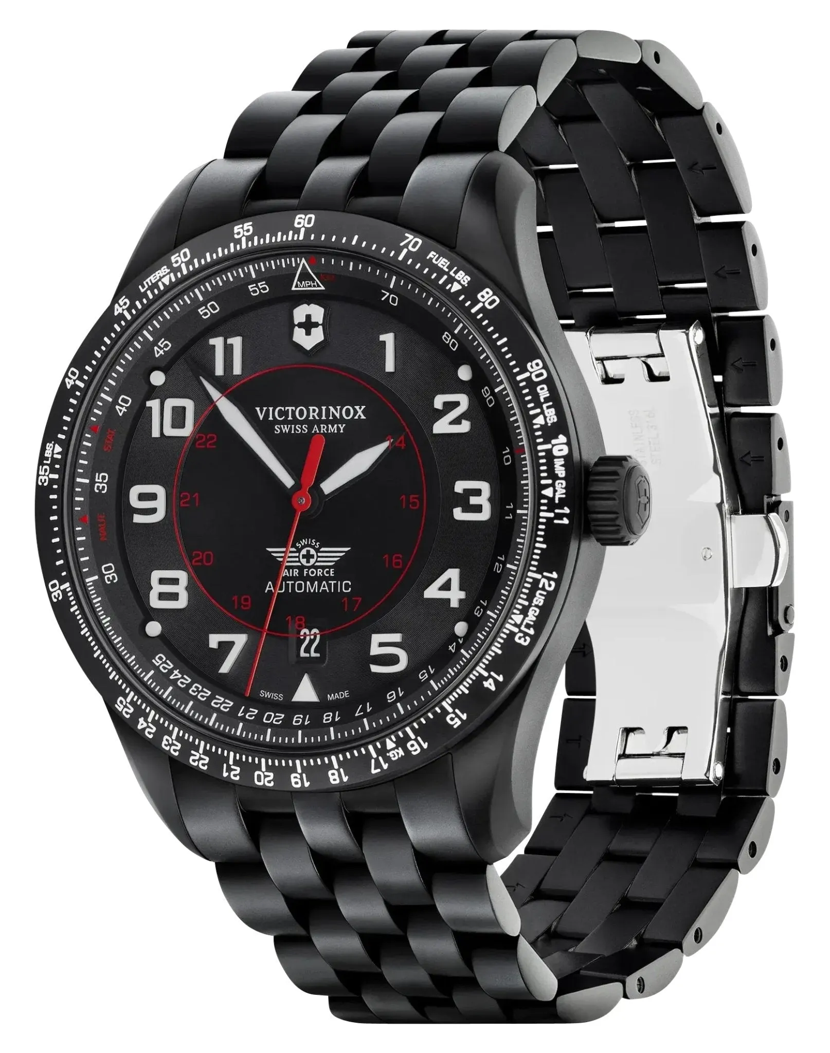Victorinox Swiss Army Airboss Mechanical Automatic Black Stainless Steel Black Dial Date Mens Watch 241974