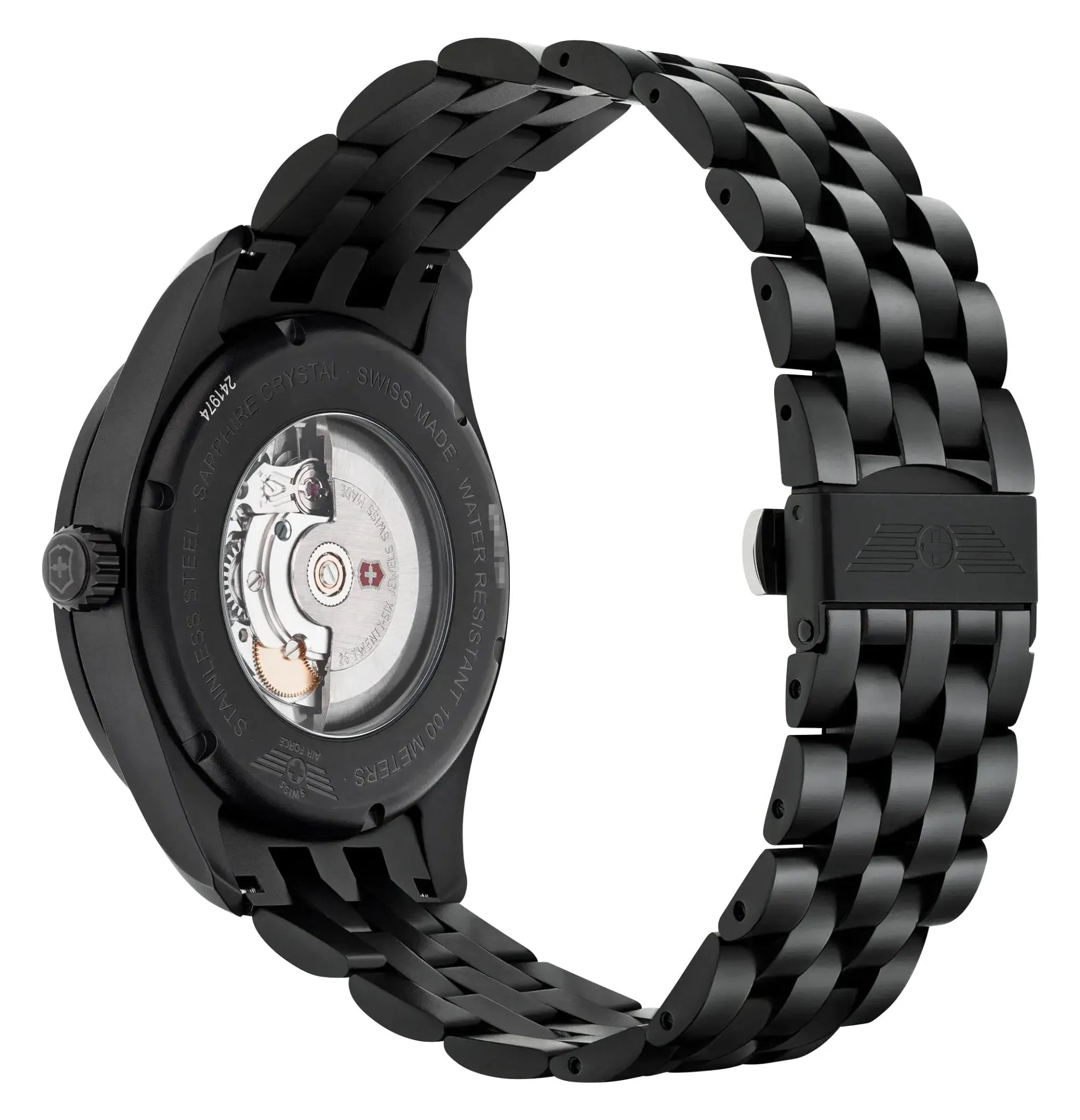 Victorinox Swiss Army Airboss Mechanical Automatic Black Stainless Steel Black Dial Date Mens Watch 241974