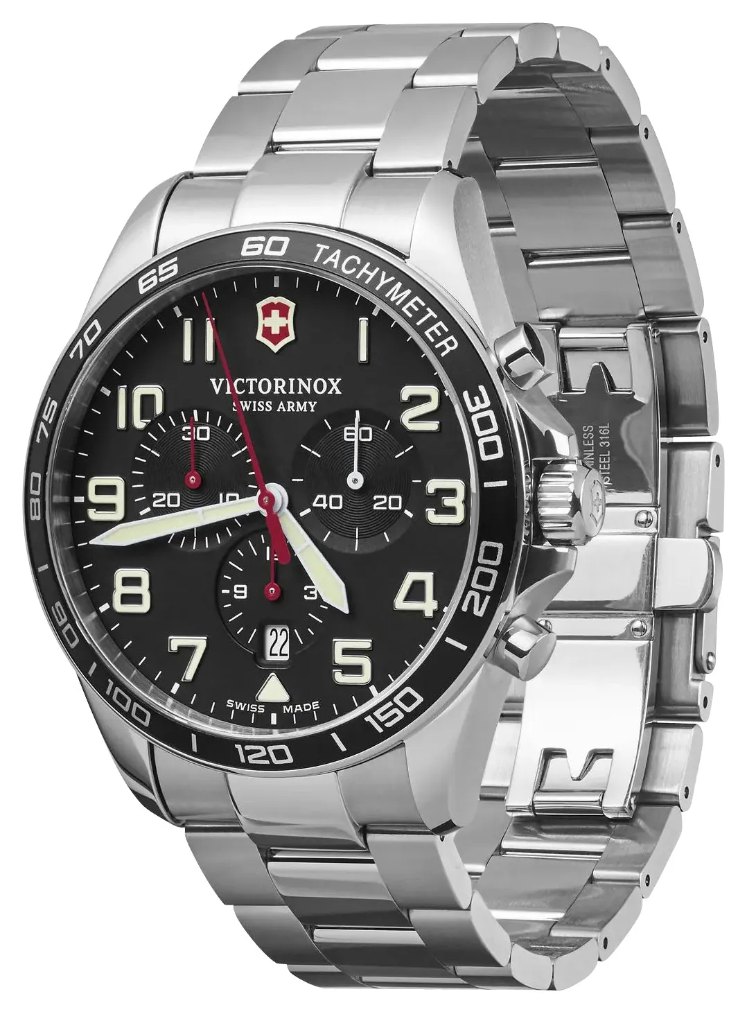 Victorinox Swiss Army Fieldforce Chronograph Stainless Steel Black Dial Date Quartz Mens Watch 241855