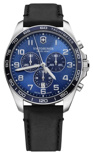 Victorinox Swiss Army Fieldforce Classic Chronograph Stainless Steel Blue Dial Black Leather Strap Date Quartz Mens Watch 241929
