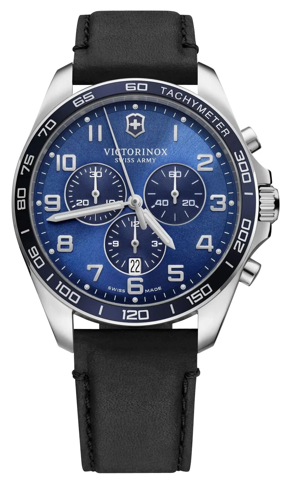 Victorinox Swiss Army Fieldforce Classic Chronograph Stainless Steel Blue Dial Black Leather Strap Date Quartz Mens Watch 241929