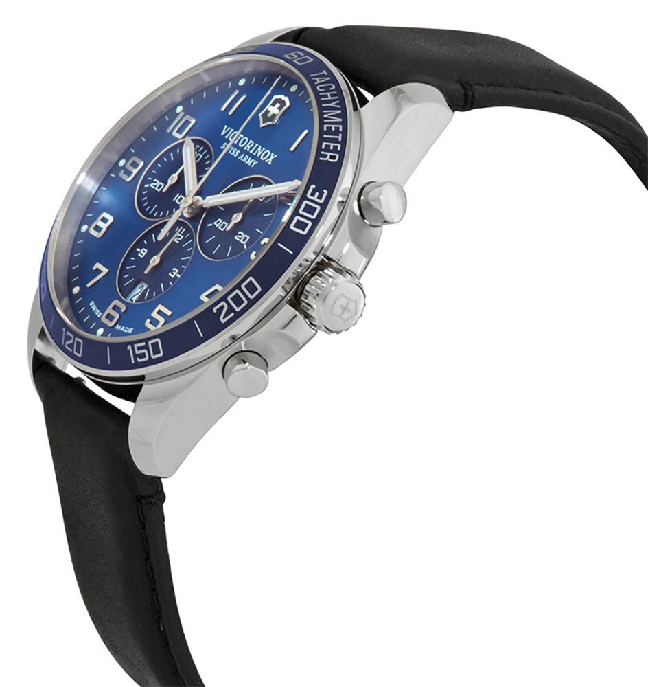 Victorinox Swiss Army Fieldforce Classic Chronograph Stainless Steel Blue Dial Black Leather Strap Date Quartz Mens Watch 241929
