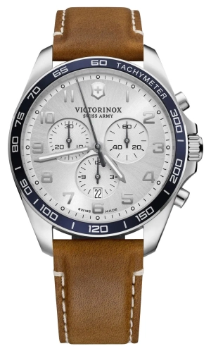 Victorinox Swiss Army Fieldforce Classic Chronograph Stainless Steel Silver Dial Brown Leather Strap Date Quartz Mens Watch 241900