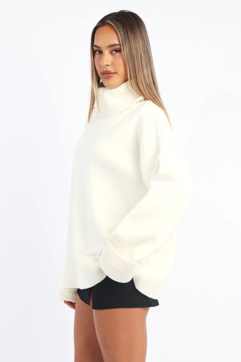 White Knit Top Long Sleeve Oversized High Neck
