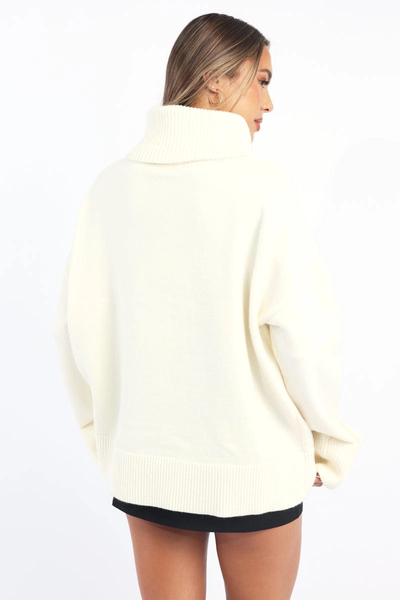 White Knit Top Long Sleeve Oversized High Neck