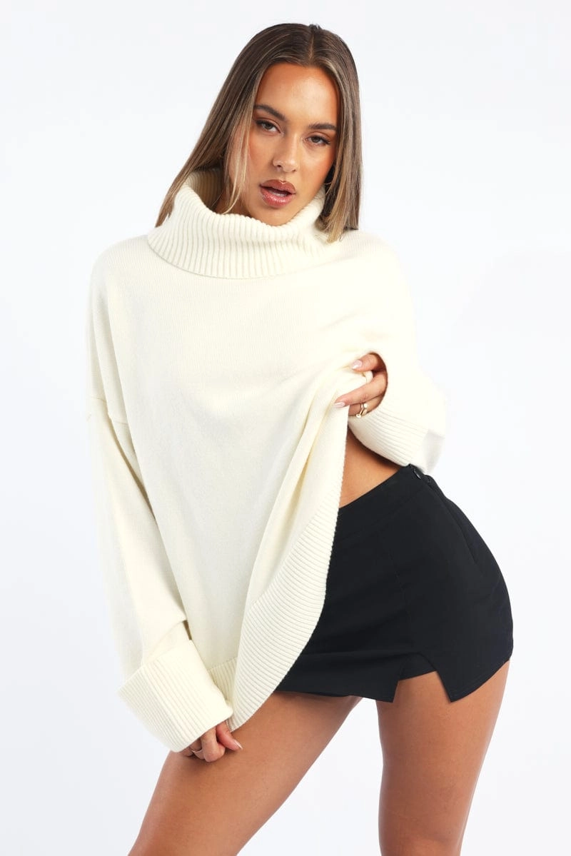 White Knit Top Long Sleeve Oversized High Neck